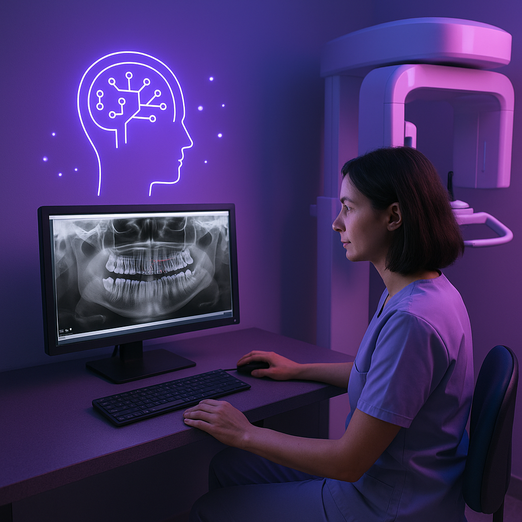 Radiografie dentară pe monitor analizată cu inteligență artificială într-o clinică stomatologică