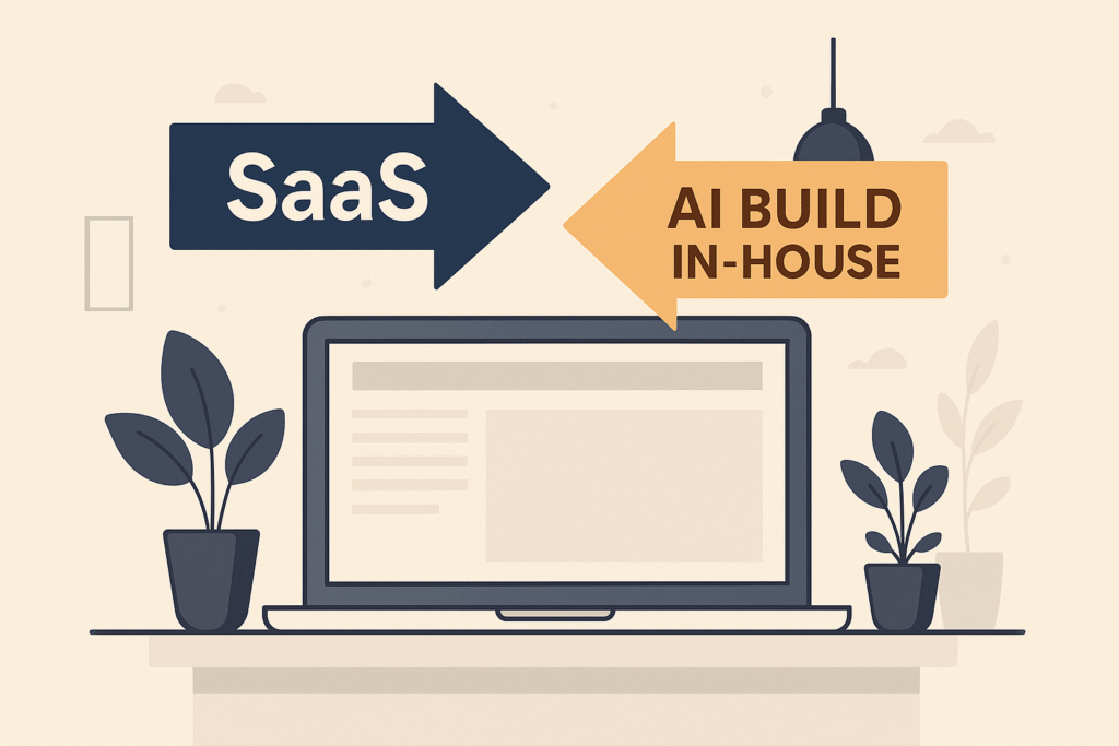 Ilustrație digitală care arată dilema companiilor între SaaS și AI in-house